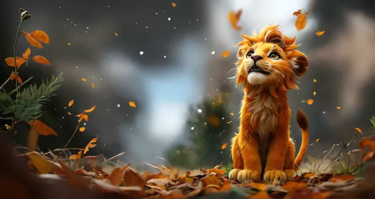 there is a cat that is sitting in the leaves, beautiful digital artwork, cute lion, hd wallpaper, adorable digital painting, hd ...