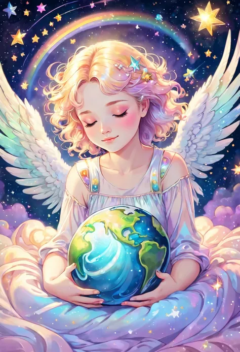 Beautiful angel sleeping happily holding the earth, outer space, pastel rainbow colored wings, shooting stars, fine pearl light