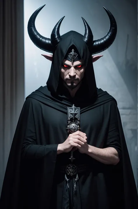 Satanic wizard with black eyes with horns on his head in a black cape and black hood , Dragao 