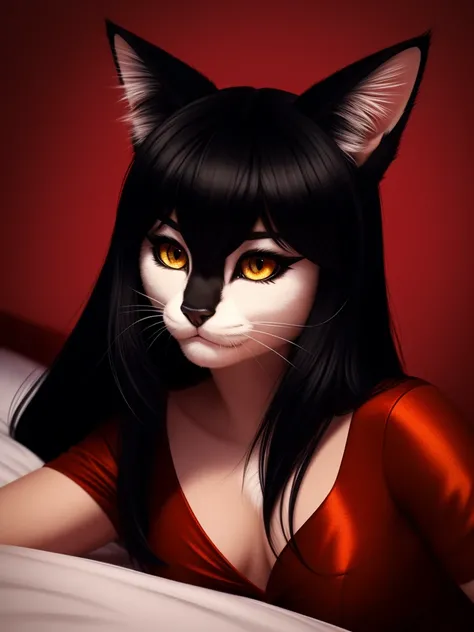 Posing, lying in bed, Female, 30 years old, cute, eyeliner, long hair, sad, red dress, bedroom eyes, anthro, cat ears, (black fur:1.5), cat, bedroom background, 8k, hi res, (best quality, masterpiece), amber eyes