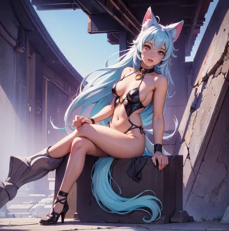 An awkward shameful embarrassed in tear ahegao girl is sitting in a courtyard of columns and some people around her, lewd face, a girl with a cat ears and a bow, female furry mini cute style, a drawing of a debauchery priest many cultist of aphrodite, pudi...