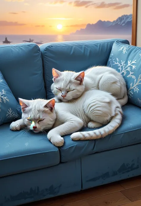 with the sunset in the background,(masterpiece:1.2, high quality),sleeping frozen on the sofa２kittens、