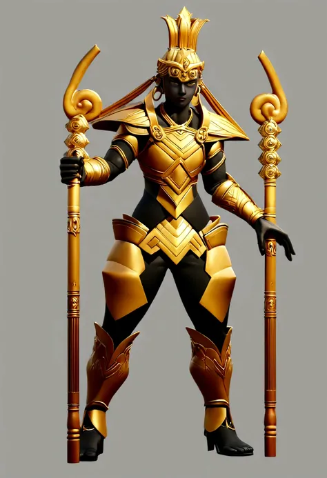 This is a male game character, seemingly the Monkey King from Journey to the West. She is wearing black and gold armor, with a golden hoop on her head, with red and black details, full body pose, holding a stick, the Golden Hoop Stick, hopefully a Pixar-st...