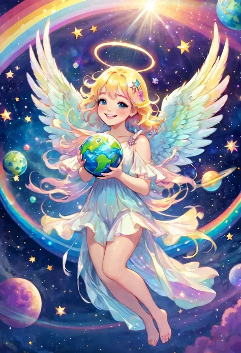 Beautiful angel smiling happily holding the earth, outer space, pastel rainbow colored wings, shooting stars, fine pearl light