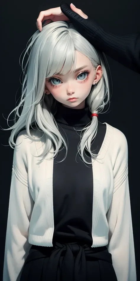 Beautiful youth, Shoulder-length hair, Straight hair, Dull light blue hair, White High Neck Sweater, Long, narrow eyes, Grey Eyes, I touch your head, Front view, Composition from the waist up, Nice, good looking,high quality, elicit amount, Pixiv illustrat...