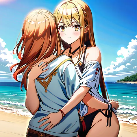 Reisalin (Reialin Stout), Klaudia (Claudia Valentz), in swimsuits, hugging, close friendship, beach setting, (masterpiece: 2), best quality, ultra highres, original, extremely detailed, perfect lighting, (anime style), (vibrant colors), (soft sunlight), (d...