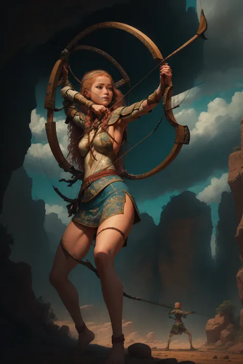 ((1girl, dynamic pose archer, detailed archery pose:1.5)), intricate bow, dramatic motion, striking silhouette, flowing hair, intense focus, muscular physique, realistic skin texture, high quality, 8k, cinematic lighting, dramatic shadows, warm color tones...