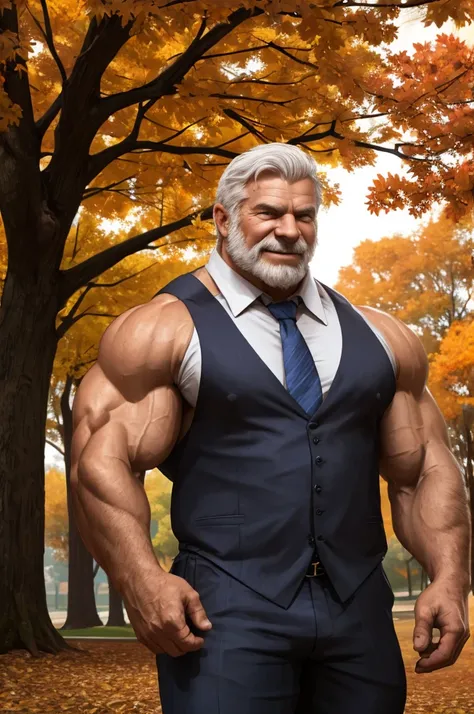 (best quality,4k,8k,highres,masterpiece:1.2),ultra-detailed,(realistic,photorealistic,photo-realistic:1.37),dramatic lighting,chiaroscuro,atmospheric,moody,cinematica, muscular old man in park, tank top, happy, autumn, suits, bokeh, smile, huge and muscula...