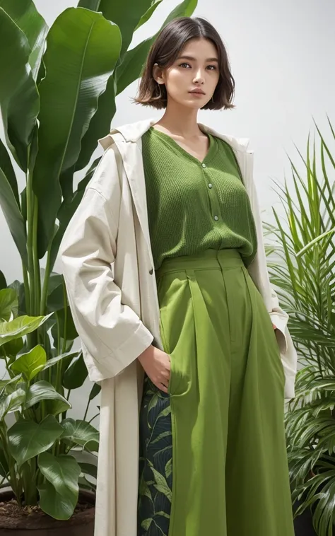 Plantwear: Clothing made with plants incorporated into the fabric。Fabric made from living plants、Materials that perform photosynthesis。A new fusion of nature and fashion。The background is the gorgeous runway of Paris Fashion Week。 
