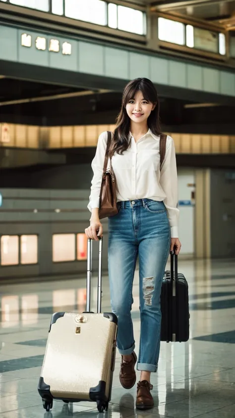 Emily, standing with her luggage in the arrival hall, her suitcase with a "Fragile" tag prominently visible. Her expression is peaceful and content after a smooth journey. Her natural beauty and the modern surroundings create a harmonious image.