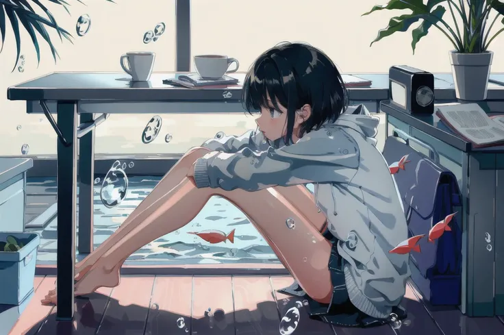 linear art, 
1girl in, Solo, Short hair, Black hair, Long sleeves, Sitting, Barefoot, Indoors, hoods, Bare legs, phone, The table, knees up, desk work, Fish, Bubble, under the water, Air bubble,chiquita