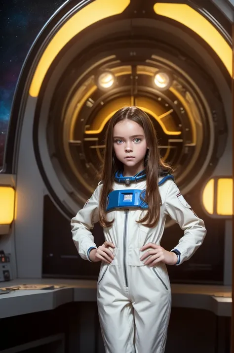 (little girl, 12 years old, brown hair, photorealistic, pale skin), (yellow (eyes:1.2)), (slim build:1.3), (fantasy space suit),...