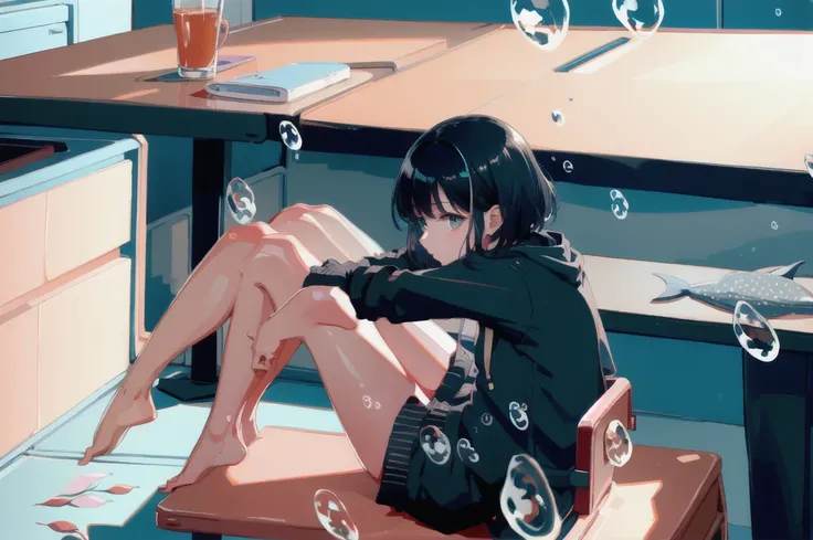 linear art, 
1girl in, Solo, Short hair, Black hair, Long sleeves, Sitting, Barefoot, Indoors, hoods, Bare legs, phone, The table, knees up, desk work, Fish, Bubble, under the water, Air bubble,chiquita