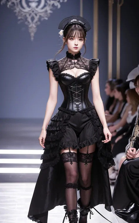 Victorian Cyber A design that combines Victorian aesthetics with cyberpunk。Corsets and frills、Costumes that combine lace with technology。The background is the gorgeous runway of Paris Fashion Week。 