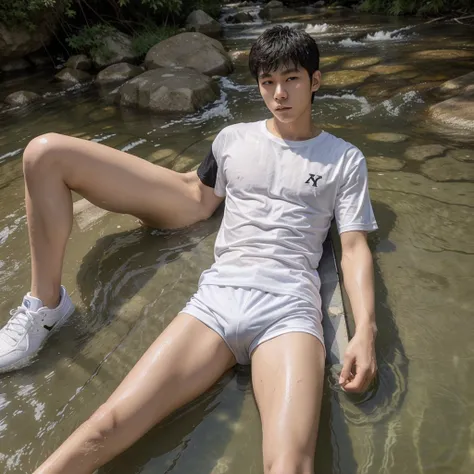 clothes: Wearing a white t-shirt, skinny, white volleyball shorts,bigger Phallus. shoes: wearing black shoes. situation: Handsome korea young man 17 years old as Is lying down  in the river with clothes soaked in river water . (Full body shot) 