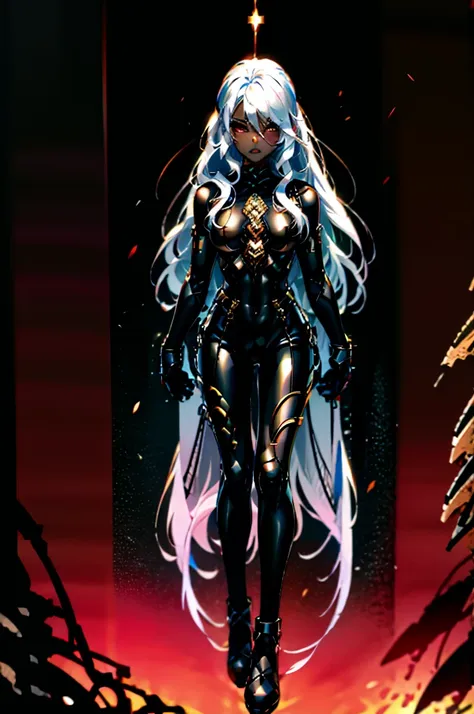 completely black body(#0000) **demon woman** with **red eyes** with golden cat pupils, long silver hair, **two pairs two pairs o...