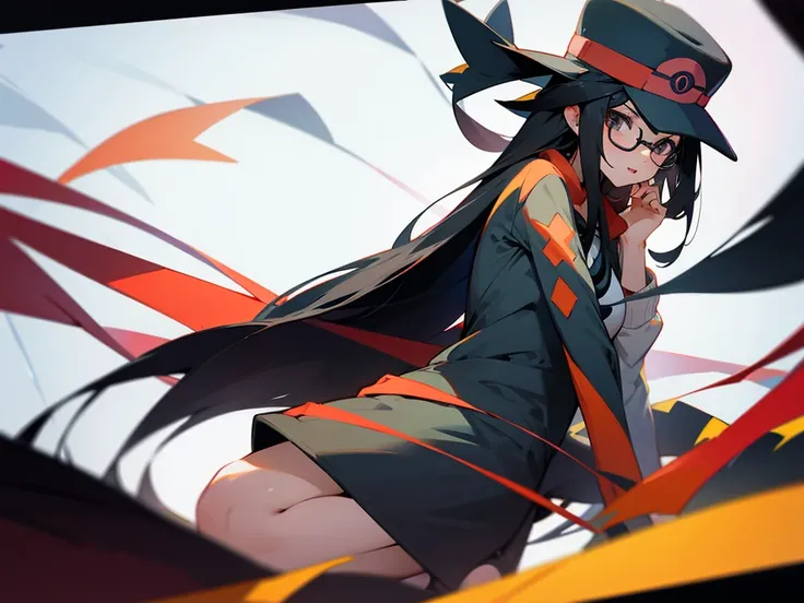 young woman, long black hair, glasses, Hat, pokemon trainer