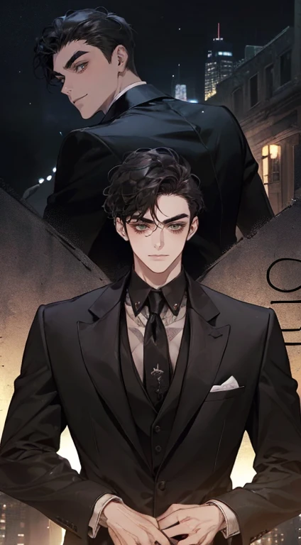 ((a young man in a black suit and tie)), taken at the beginning of 2020, Gotham, alexander, he looks very sophisticated, (((short black hair combed to the left side))), (dark green eyes and thick eyebrows), pretentious smile. ((20 years old)), ((Black suit...