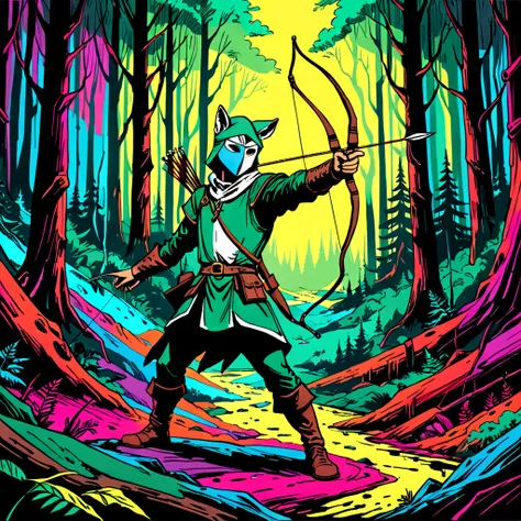 fox robin hood, Archer, animated, hand drawn, rotoscope, cinematic, expressive,  ink style figure, apocalyptic russian dense forest, VHS, glitch, distorted, nostalgia, 90s retro vibes, analog tape, vcr aesthetics, tv, television, hand drawn, (full roygbiv ...