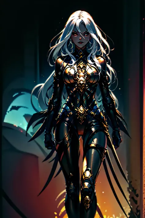 completely black body(#0000) **demon woman** with **red eyes** with golden cat pupils, long silver hair, **two pairs two pairs o...