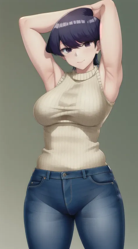 pixel-komi-shuuko, 1girl, solo, knitted sweater, tight jeans , masterpiece, best quality , sleeveless, arms up, armpits visible