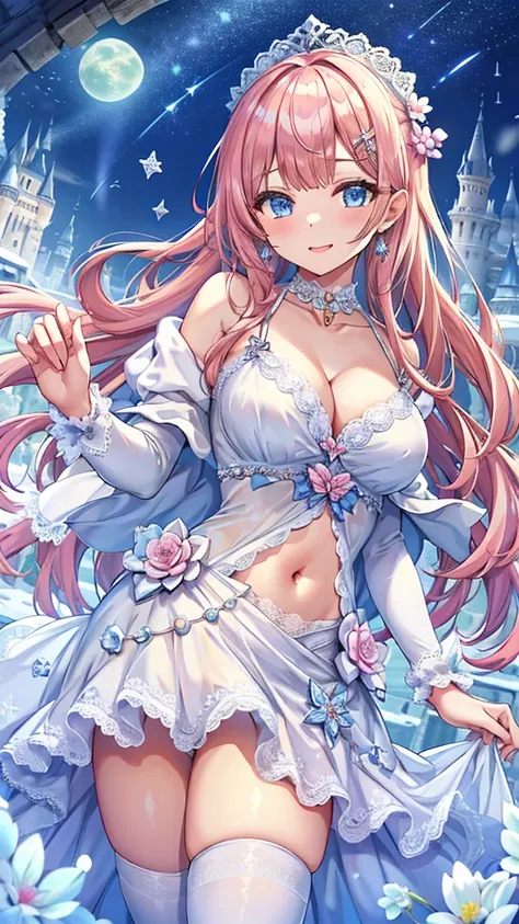 Masterpiece、Highest quality、Super detailed、1 girl、Light pink hair、Fluffy and soft long hair、Starry Skyのような瞳、Big Tits、Cleavage、The underboob is visible、Lace Underwear、Castle、snow、Starry Sky、Shimmering dresses、smile、Earrings、choker、Lace cape、Light blue fluff...