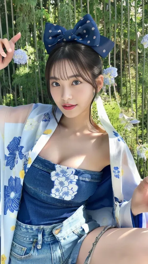 Asian woman in her fifties taking a photo wearing a kimono top and denim shorts, Young Gravure Idol, Young and cute gravure idol, Japanese Goddess, realistic Young Gravure Idol, shikamimi, Japanese Model, Young and skinny gravure idol, Young and sexy gravu...