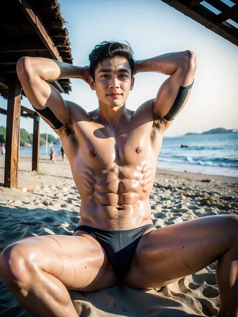 Realistic photography, 8k, handsome young muscular korean man, wearing no shirt, wearing only black thong, huge bulge, beach, sitting, lifted arms, spread legs, facing the sun
