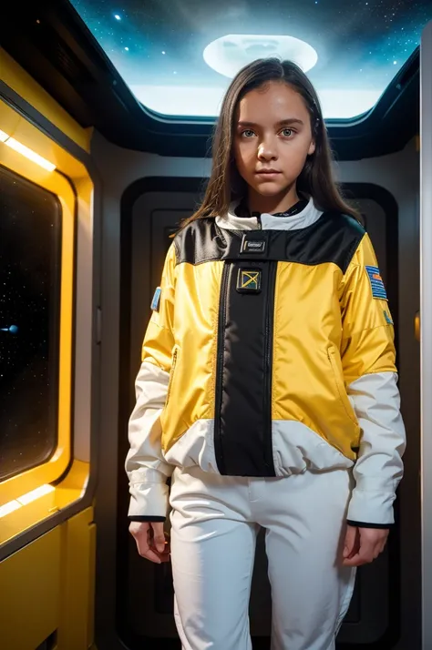 (little girl, 12 years old, brown hair, photorealistic, pale skin), (yellow (eyes:1.2)), (slim build:1.3), (fantasy space suit),...