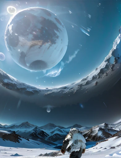  gigantic snowy icy white moon Europa on the surface . In the background immense galaxy and nebulae. Astronaut in space suit is walking on the icy desert surface of the moon Europa. In the scenario there are immense frozen mountains. The soil and frozen en...