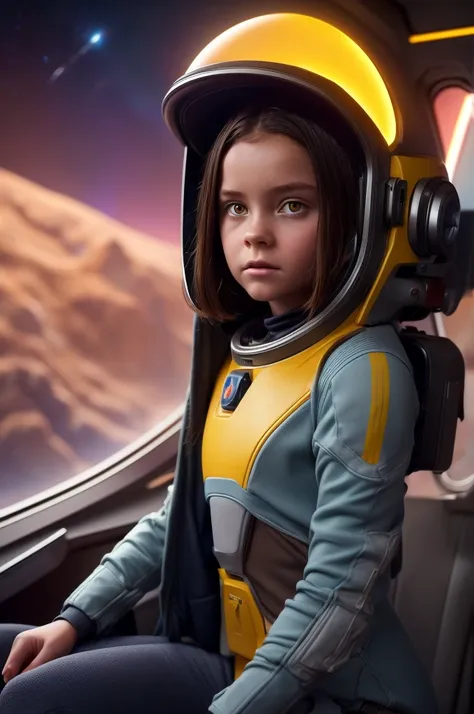 (little girl, 12 years old, brown hair, photorealistic, pale skin), (yellow (eyes:1.2)), (slim build:1.3), (fantasy space suit),...