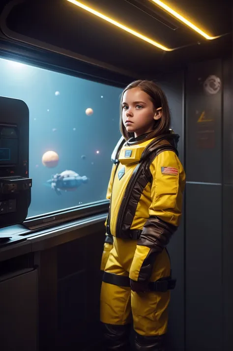 (little girl, 12 years old, brown hair, photorealistic, pale skin), (yellow (eyes:1.2)), (slim build:1.3), (fantasy space suit),...