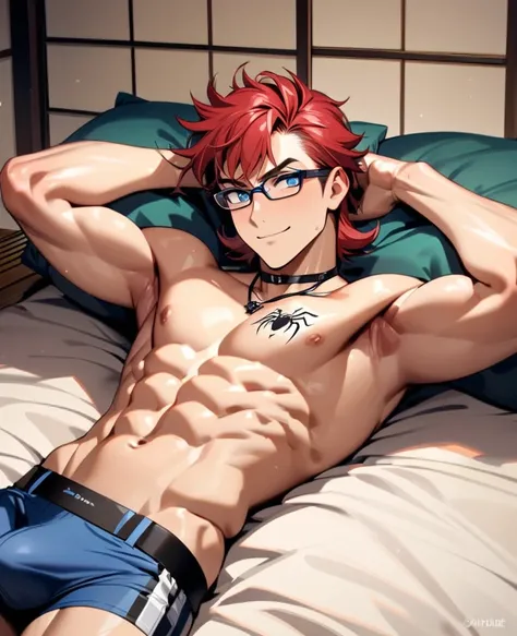 1 mascle fofo,  looking at the camera, Horny Smile, (long red hair), blue eye, glasses, wearing no shirt, Athletic Belt, lying in the bed, japanese house , Handsome boy, hot body, wearing no shirt, black neck necklace, Athletic Belt, bulge Calvin Klain Blu...