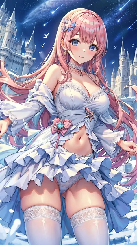 Masterpiece、Highest quality、Super detailed、1 girl、Light pink hair、Fluffy and soft long hair、Starry Skyのような瞳、Big Tits、Cleavage、The underboob is visible、Lace Underwear、Castle、snow、Starry Sky、Shimmering dresses、smile、Earrings、choker、Lace cape、Light blue fluff...