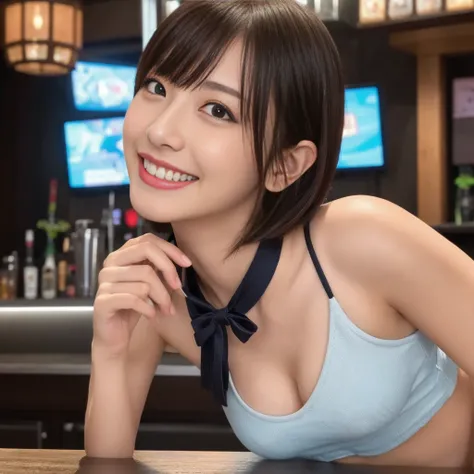 1 ultra cute japanese girl, short hair, part-time job at a bar,detailed face, ultra detailed eyes, incredible beautiful eyes, symmetry dropped eyes, no makeup, big smile,Enthusiastic belly laugh, open mouth, best quality, 4k, 8k, highres, masterpiece, ultr...