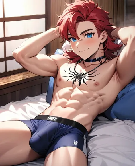 1 mascle fofo,  looking at the camera, Horny Smile, (Long Straight Red Hair), blue eye, wearing no shirt, Athletic Belt, lying in the bed, japanese house , Handsome boy, hot body, wearing no shirt, black neck necklace, Athletic Belt, bulge Calvin Klain Blu...