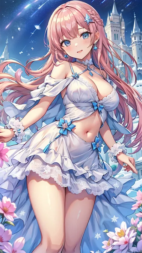 Masterpiece、Highest quality、Super detailed、1 girl、Light pink hair、Fluffy and soft long hair、Starry Skyのような瞳、Big Tits、Cleavage、The underboob is visible、Castle、snow、Starry Sky、Shimmering dresses、smile、Earrings、choker、Lace cape、Light blue fluffy dress、Composi...