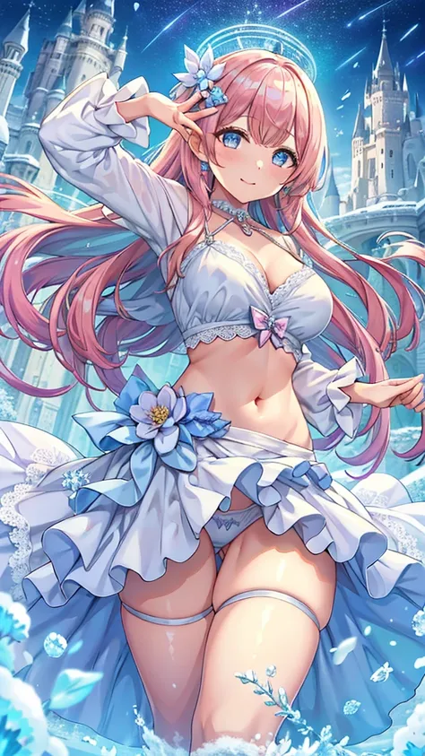 Masterpiece、Highest quality、Super detailed、1 girl、Light pink hair、Fluffy and soft long hair、Starry Skyのような瞳、Big Tits、Cleavage、The underboob is visible、Castle、snow、Starry Sky、Shimmering dresses、smile、Earrings、choker、Lace cape、Light blue fluffy dress、Composi...