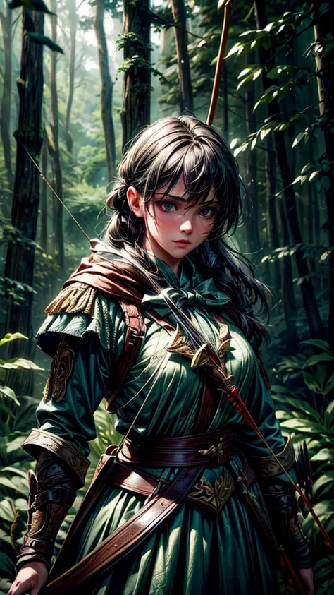 a beautiful archer in a forest, detailed realistic portrait, 1girl, forest, bow and arrow, quiver, intricate detailed clothing, cinematic lighting, dynamic pose, dramatic chiaroscuro lighting, moody atmosphere, realistic natural textures, hyper detailed, 8...