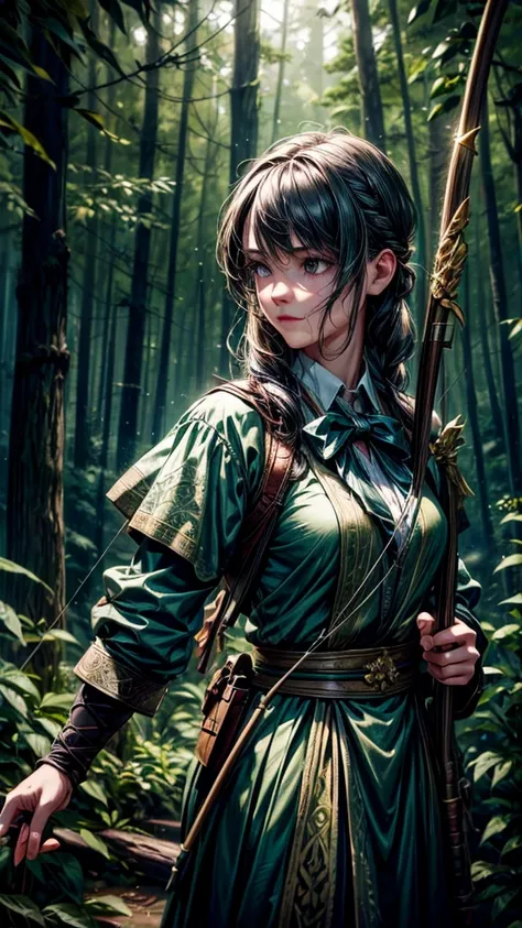 a beautiful archer in a forest, detailed realistic portrait, 1girl, forest, bow and arrow, quiver, intricate detailed clothing, cinematic lighting, dynamic pose, dramatic chiaroscuro lighting, moody atmosphere, realistic natural textures, hyper detailed, 8...