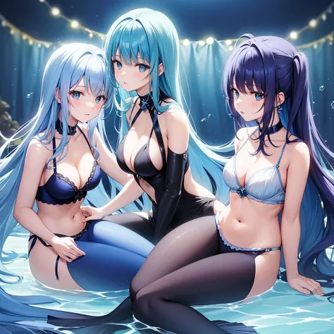 Two more dark blue and light blue hair mermaids sat in the deep ocean 