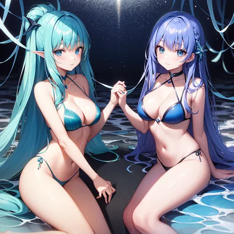 Two more dark blue and light blue hair mermaids sat in the deep ocean 