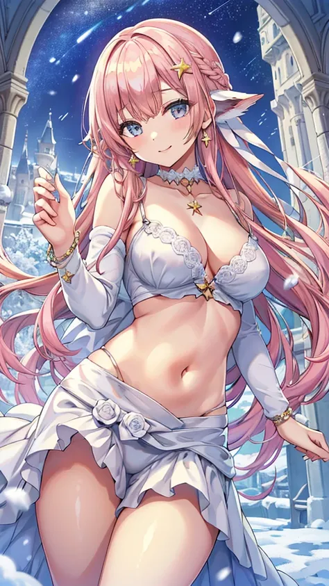 Masterpiece、Highest quality、Super detailed、1 girl、Light pink hair、Fluffy and soft long hair、Starry Skyのような瞳、Big Tits、Cleavage、The underboob is visible、Castle、snow、Starry Sky、smile、Earrings、choker、Composition seen from below、Belly button、Lower milk、naked