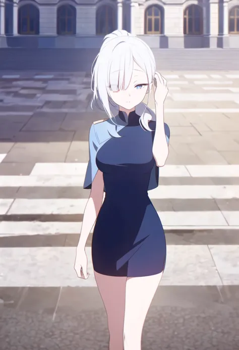 One tall woman,White Hair,Hairstyle is short ponytail,Sharp blue eyes,Medium chest,Slightly wider thighs,Woman hiding her right eye with her hair)Light blue docking dress,Short skirt,Woman walking in the square