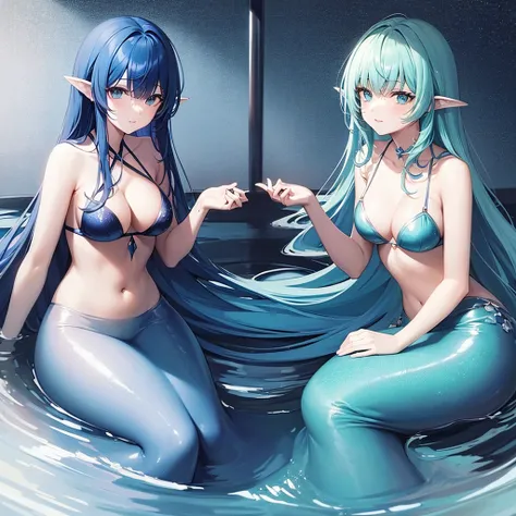 Two more dark blue and light blue hair mermaids sat in the deep ocean A mermaid 