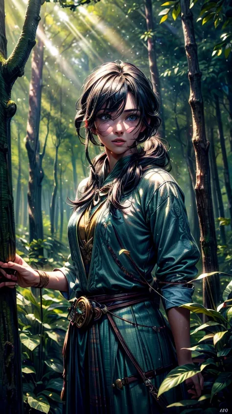 intricate detailed portrait of a archer in a forest, beautiful detailed eyes, beautiful detailed lips, extremely detailed face and hair, long eyelashes, warrior archer, holding a bow, forest background, sunlight shining through the trees, stunning lighting...