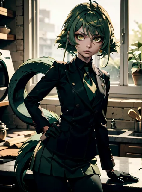 kakutomiku, Yellow eyes, Long hair and tail flashing, Multicolored hair,Green hair, Black jacket, long sleeves, Necktie, gloves, Long pants skirt to the viewer , serious , simper, 
Inside, kitchen, Pokemon contract (Creature), Maximum detail, Tafah, Beauti...