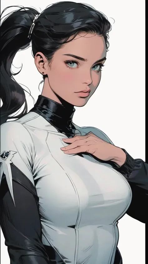 masterpiece,extremely beautiful woman,Excellent sense,(((perfect very white background))),American Comics,(((The Perfect One Woman))),(((one person))),colorful,Highly detailed perfect upper body,highly detailed face,near future,SF,