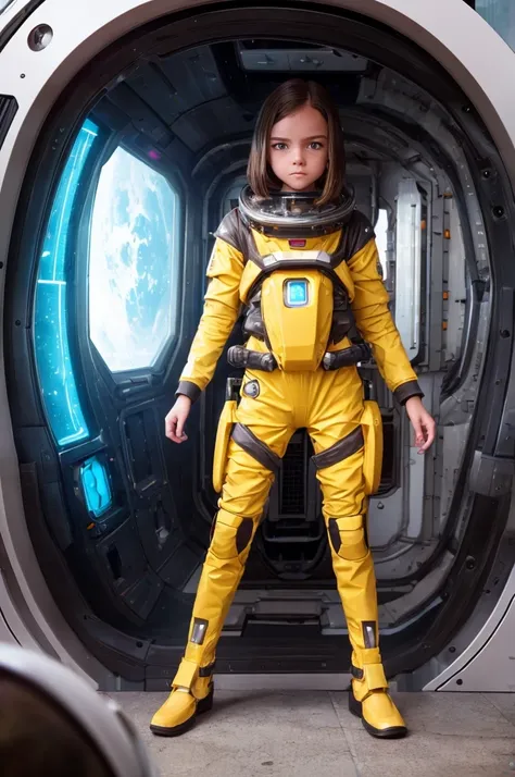 (little girl, 12 years old, brown hair, photorealistic, pale skin), (yellow (eyes:1.2)), (slim build:1.3), (fantasy space suit),...