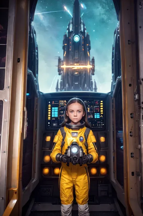 (little girl, 12 years old, brown hair, photorealistic, pale skin), (yellow (eyes:1.2)), (slim build:1.3), (fantasy space suit),...